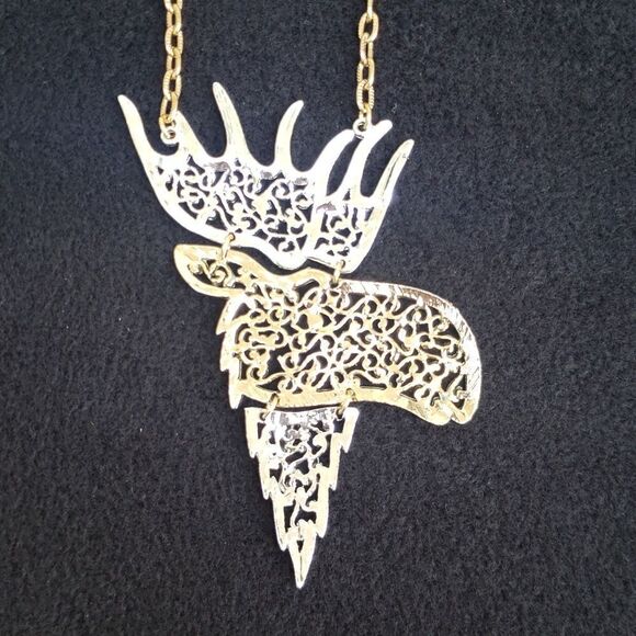 NWT Very Cool Silver Gold 22" Moose Pendant Swinging Necklace - Picture 6 of 8